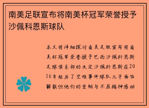 南美足联宣布将南美杯冠军荣誉授予沙佩科恩斯球队